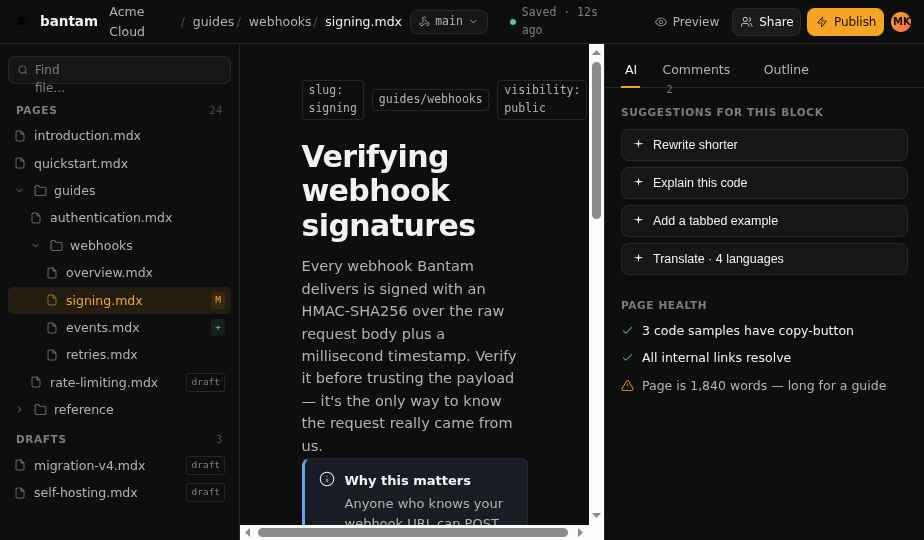 Bantam editor with a documentation page open
